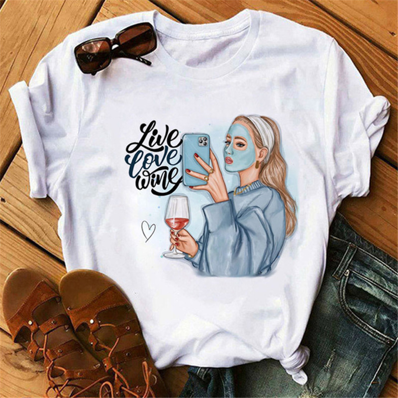 Women Fashion Cartoon High Heels Printed Round Neck Short Sleeve T-Shirt