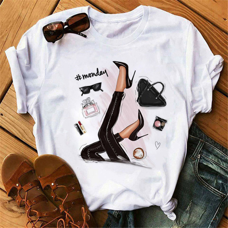 Women Fashion Cartoon High Heels Printed Round Neck Short Sleeve T-Shirt