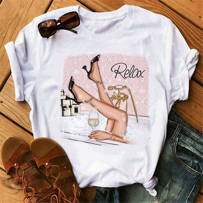 Women Fashion Cartoon High Heels Printed Round Neck Short Sleeve T-Shirt