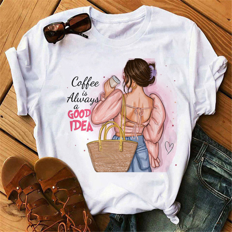 Women Fashion Cartoon High Heels Printed Round Neck Short Sleeve T-Shirt