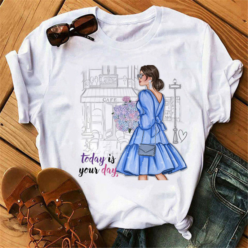 Women Fashion Cartoon High Heels Printed Round Neck Short Sleeve T-Shirt