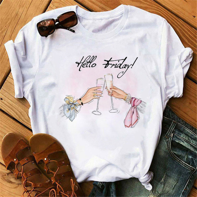 Women Fashion Cartoon High Heels Printed Round Neck Short Sleeve T-Shirt