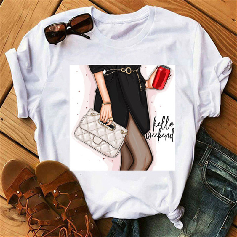 Women Fashion Cartoon High Heels Printed Round Neck Short Sleeve T-Shirt