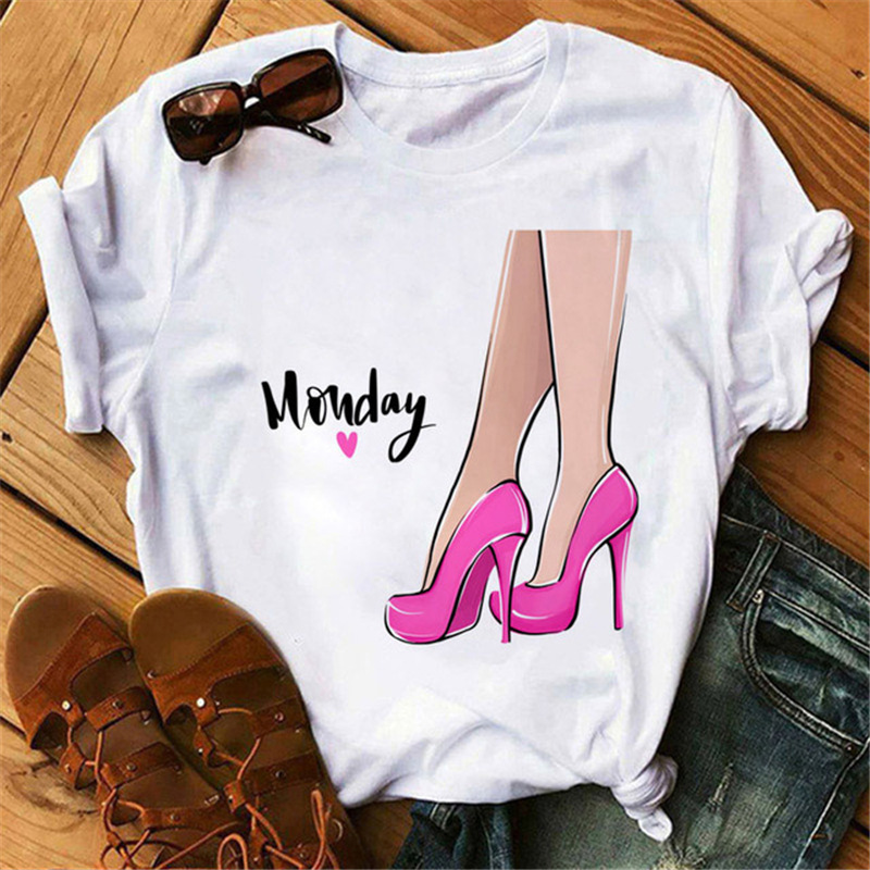 Women Fashion Cartoon High Heels Printed Round Neck Short Sleeve T-Shirt