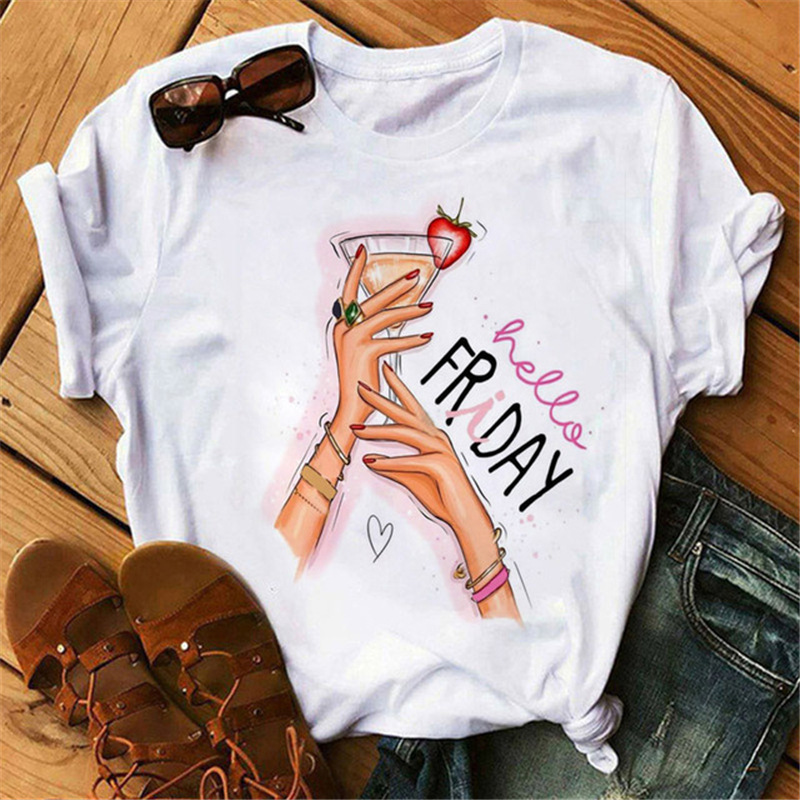 Women Fashion Cartoon High Heels Printed Round Neck Short Sleeve T-Shirt