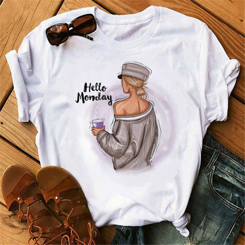 Women Fashion Cartoon High Heels Printed Round Neck Short Sleeve T-Shirt