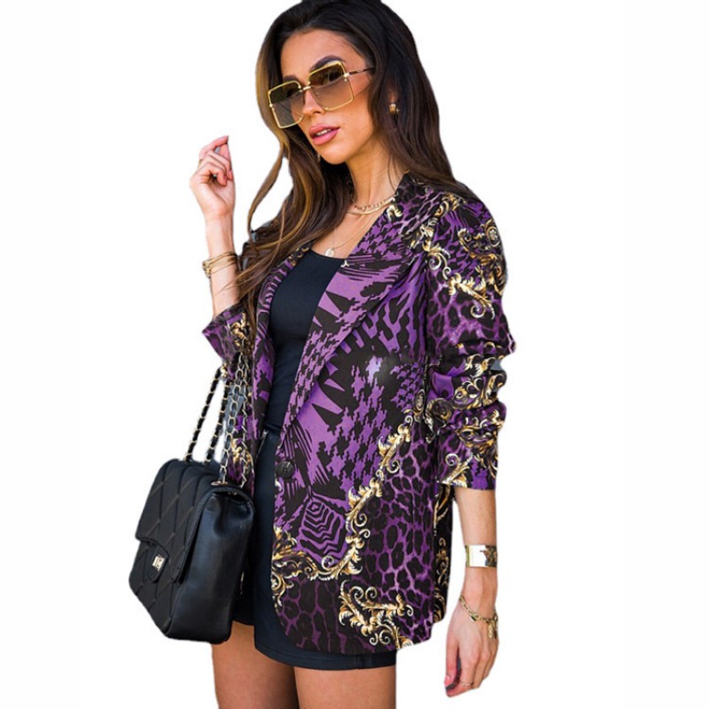 Women Fashion Graphic Printed Lapel Long Sleeve Blazer Coat