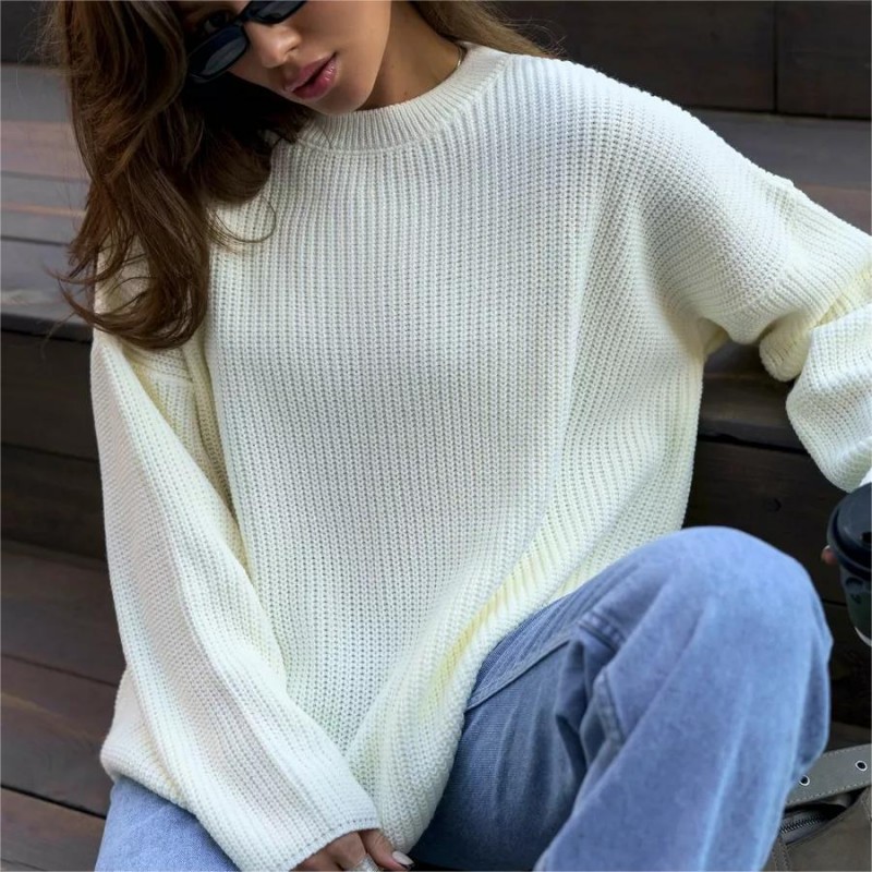 Autumn Winter Women Simple Solid Color Round Neck Long Sleeve Knitted Sweater