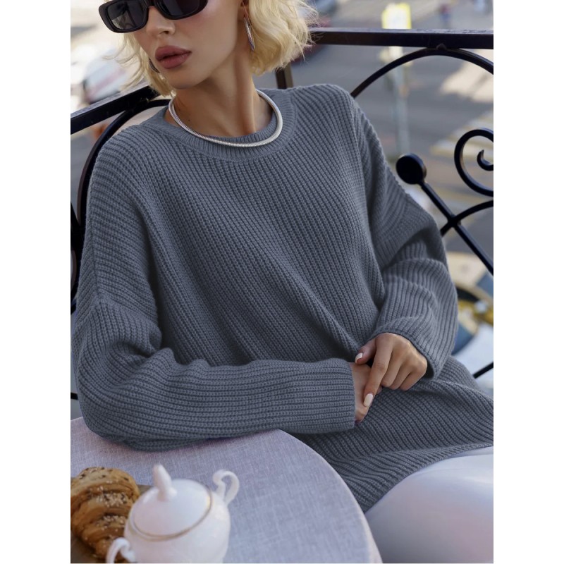 Autumn Winter Women Simple Solid Color Round Neck Long Sleeve Knitted Sweater