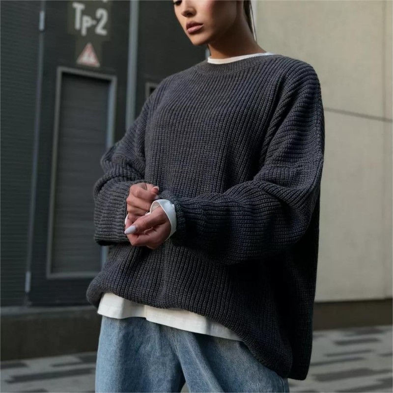 Autumn Winter Women Simple Solid Color Round Neck Long Sleeve Knitted Sweater