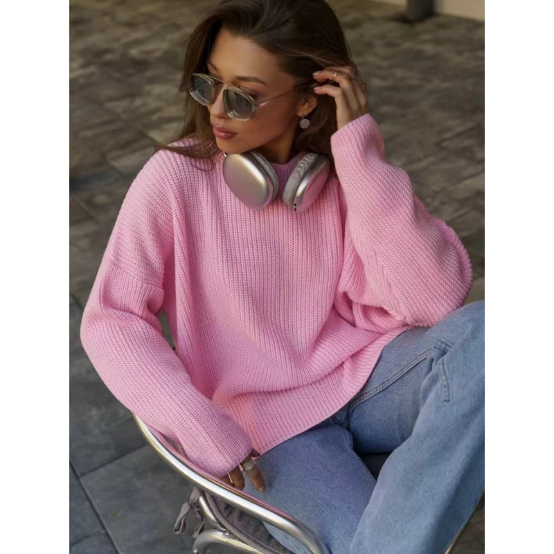 Autumn Winter Women Simple Solid Color Round Neck Long Sleeve Knitted Sweater