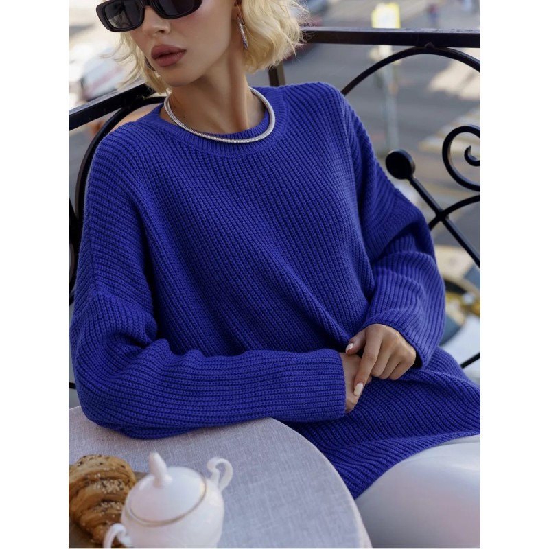 Autumn Winter Women Simple Solid Color Round Neck Long Sleeve Knitted Sweater