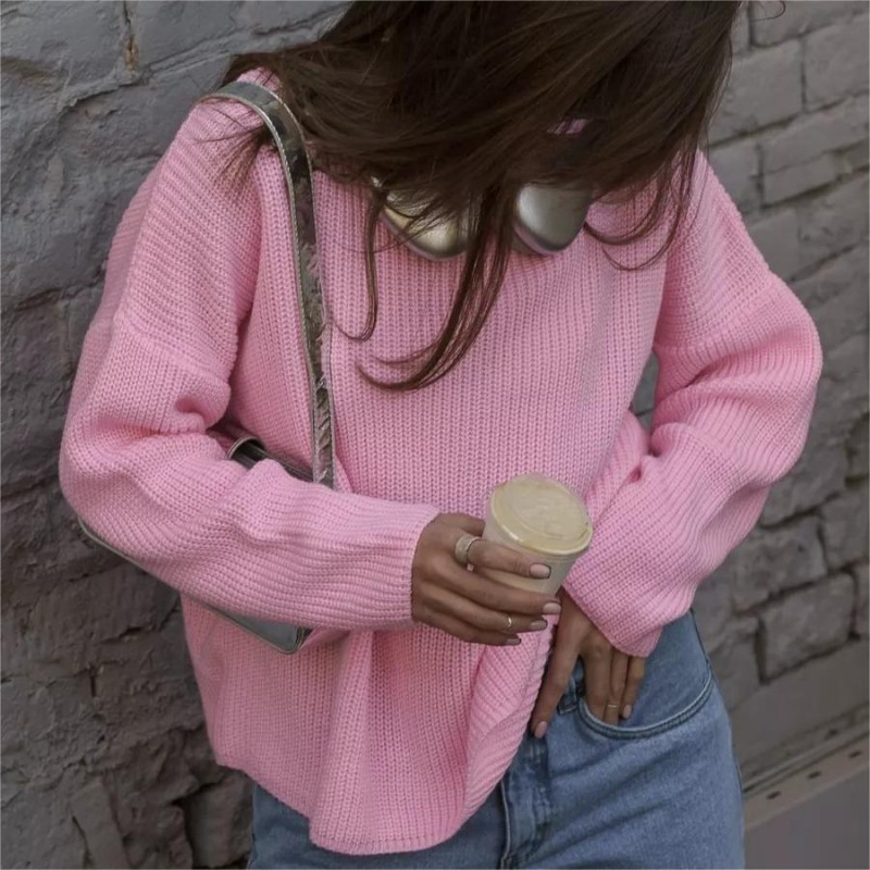 Autumn Winter Women Simple Solid Color Round Neck Long Sleeve Knitted Sweater