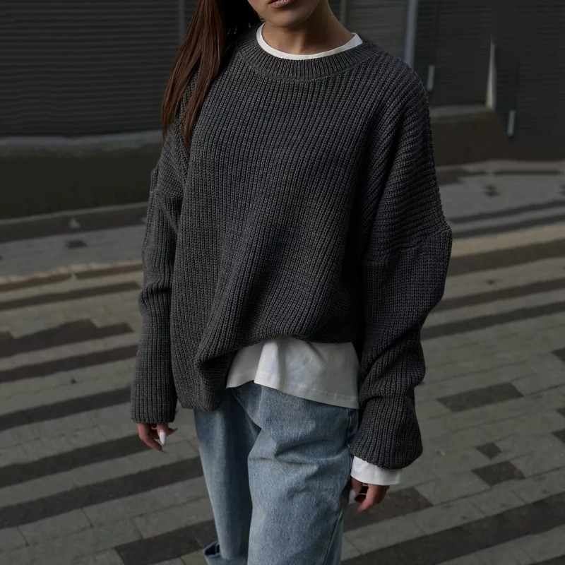 Autumn Winter Women Simple Solid Color Round Neck Long Sleeve Knitted Sweater