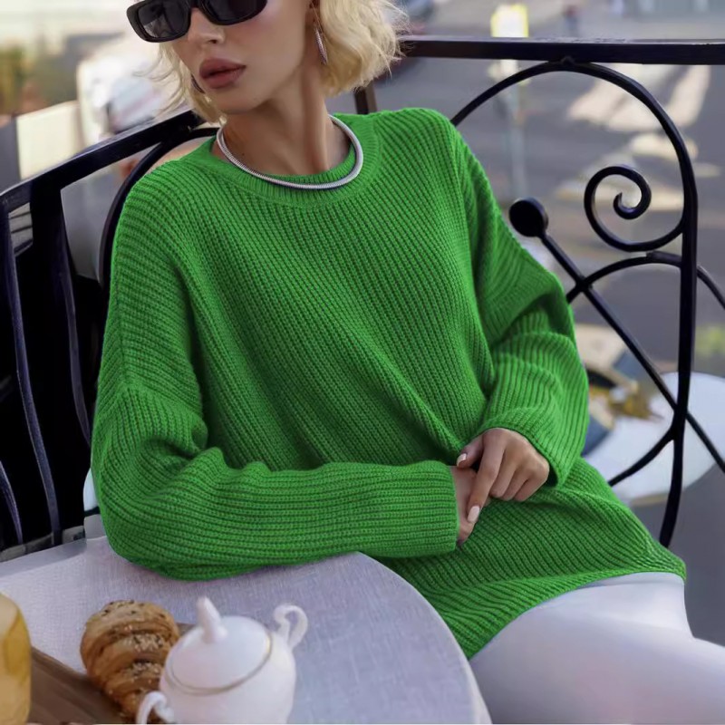 Autumn Winter Women Simple Solid Color Round Neck Long Sleeve Knitted Sweater