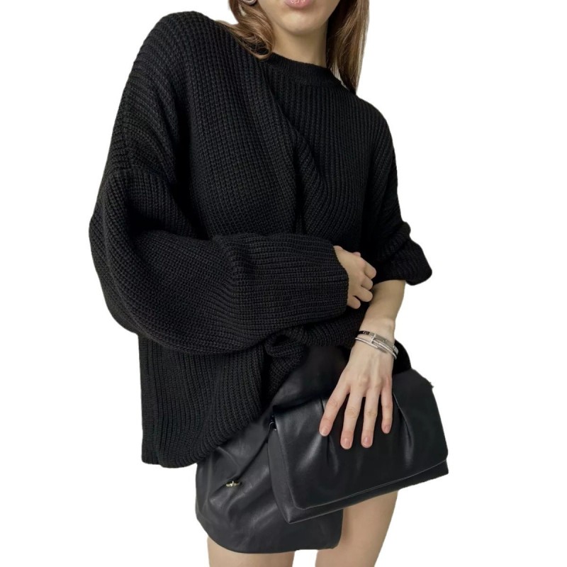 Autumn Winter Women Simple Solid Color Round Neck Long Sleeve Knitted Sweater