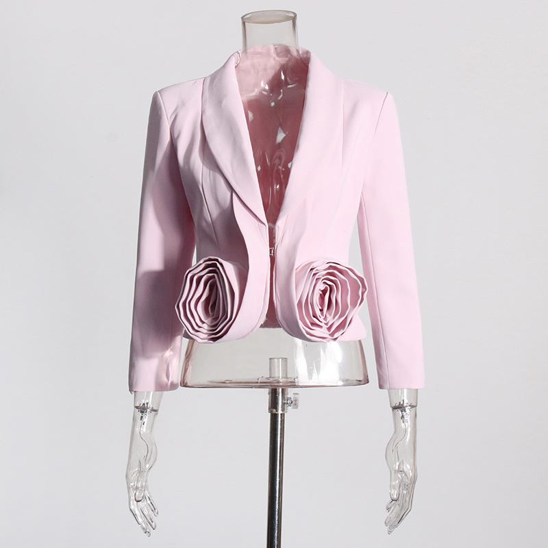 Women Elegant Solid Color Pink Three-Dimensional Rose Blazers