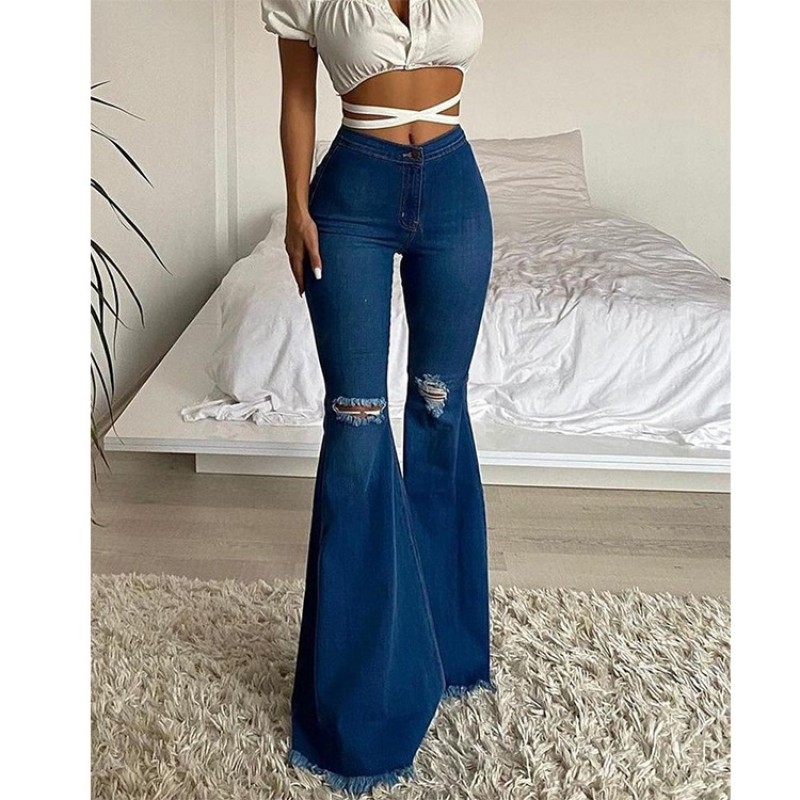 Women Fashion Simple Hole Denim Flared Pants