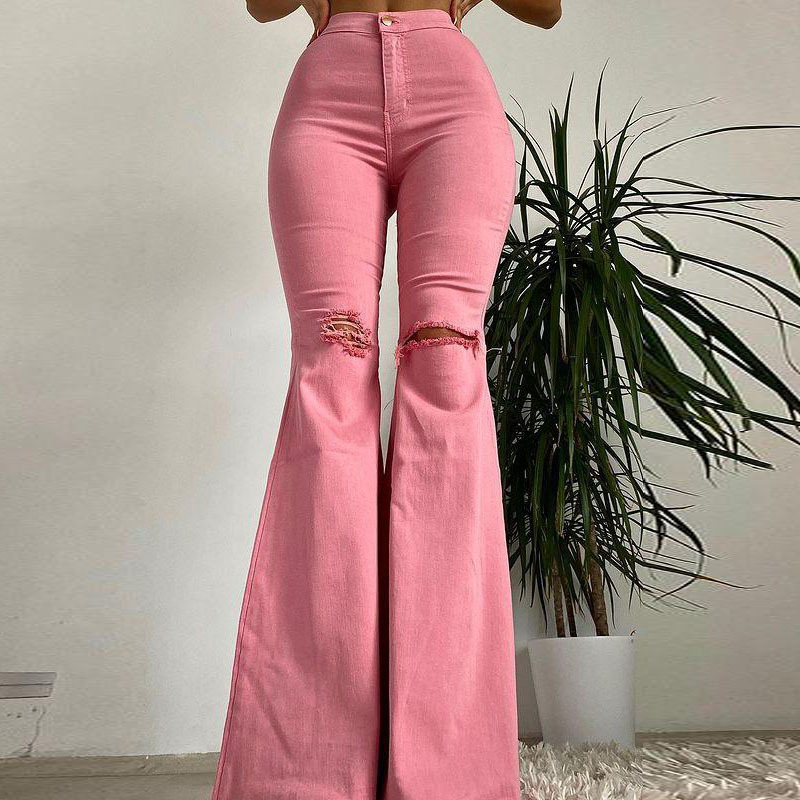 Women Fashion Simple Hole Denim Flared Pants