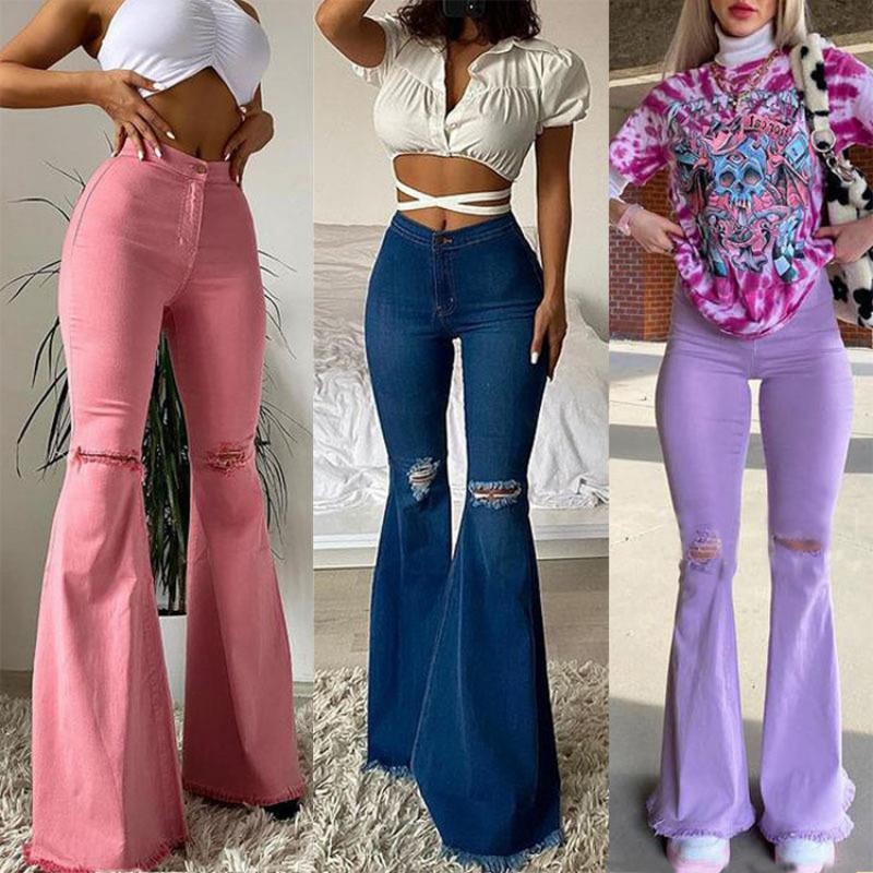 Women Fashion Simple Hole Denim Flared Pants