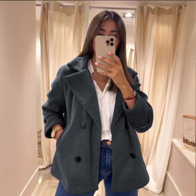 Autumn Winter Women Fashion Solid Color Lapel Pocket Jacket Coat