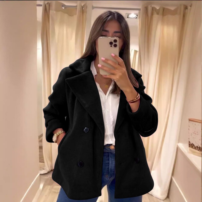 Autumn Winter Women Fashion Solid Color Lapel Pocket Jacket Coat