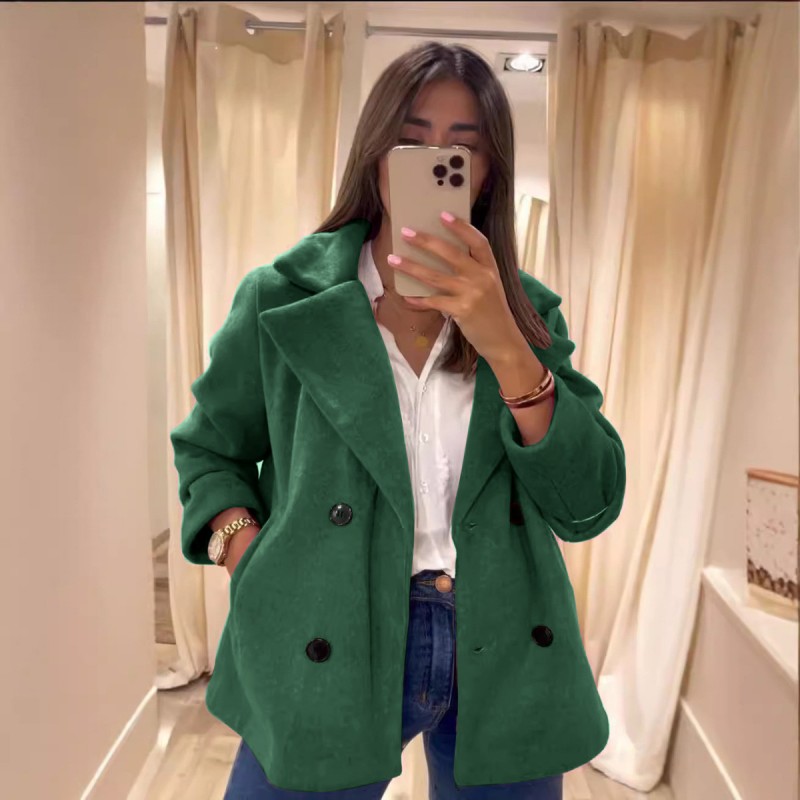 Autumn Winter Women Fashion Solid Color Lapel Pocket Jacket Coat