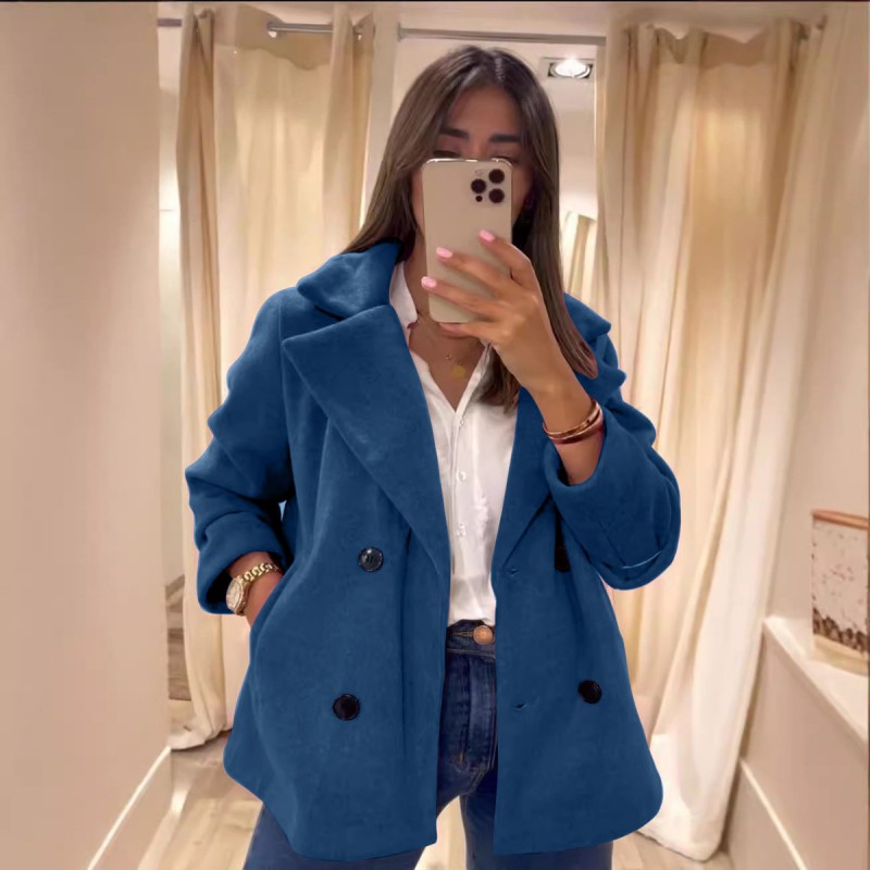 Autumn Winter Women Fashion Solid Color Lapel Pocket Jacket Coat