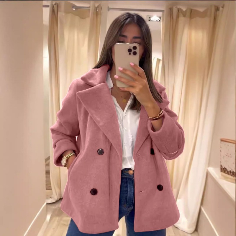 Autumn Winter Women Fashion Solid Color Lapel Pocket Jacket Coat