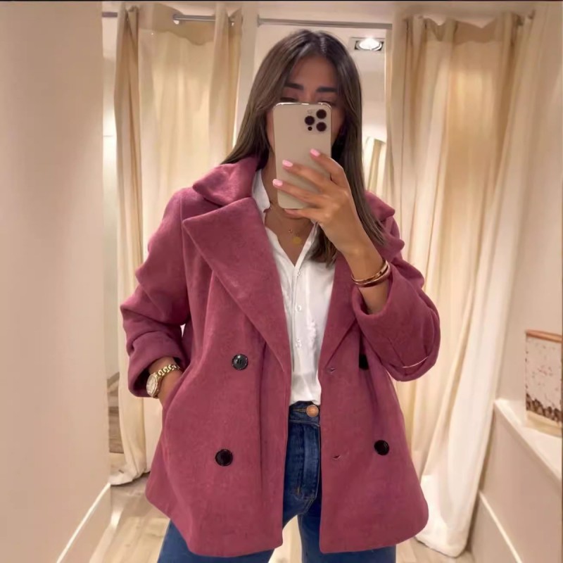 Autumn Winter Women Fashion Solid Color Lapel Pock...