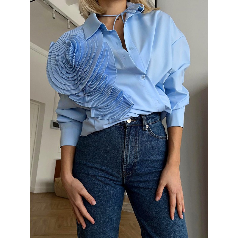 Women High Street Fashion Casual Long Sleeve Flower Design Loose Shirt Blouse