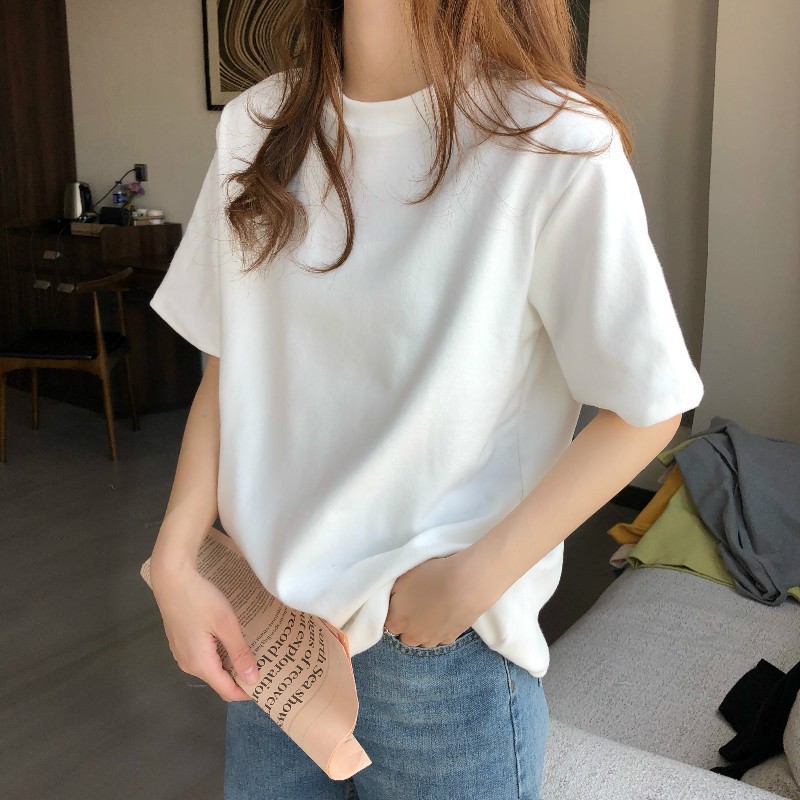 Summer Women Fashion Solid Color Round Neck Short Sleeve Blank T-Shirt