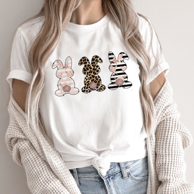 Summer Women Fashion Cartoon Rabbit Print Round Ne...