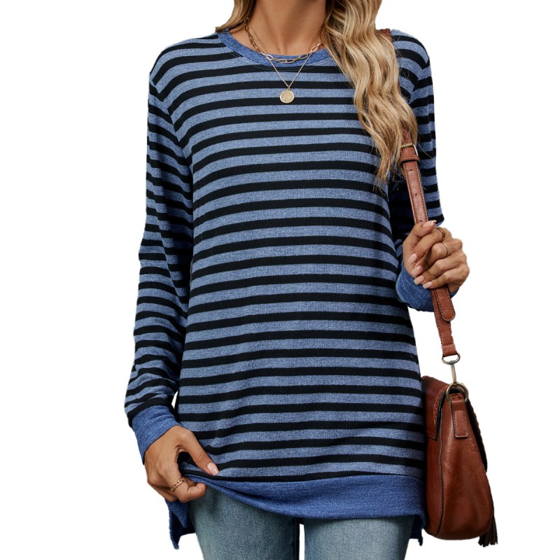 Women Fashion Casual Stripe Round Neck Long Sleeve T-Shirt