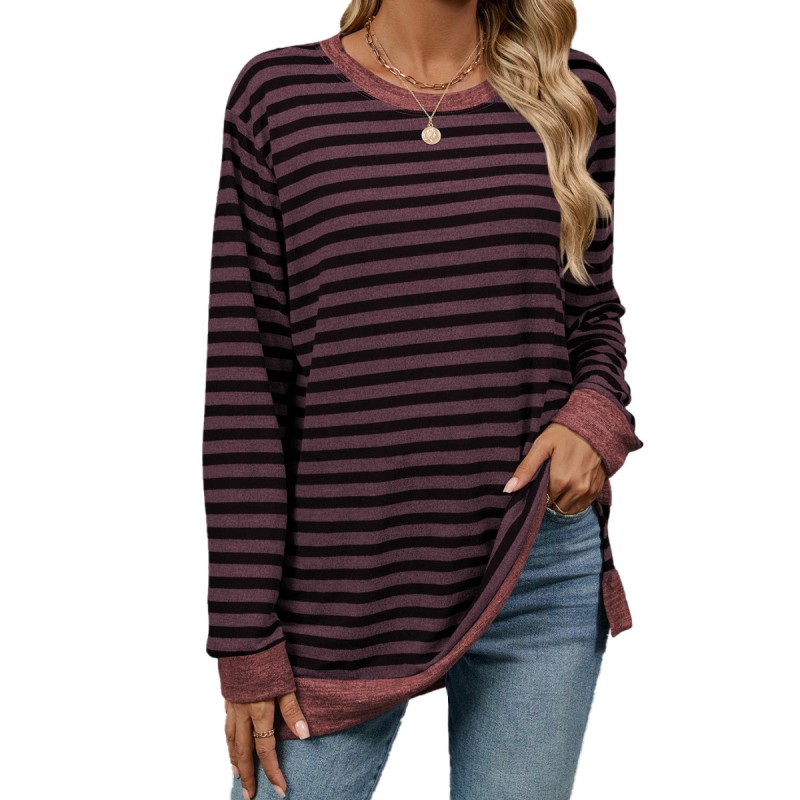 Women Fashion Casual Stripe Round Neck Long Sleeve T-Shirt