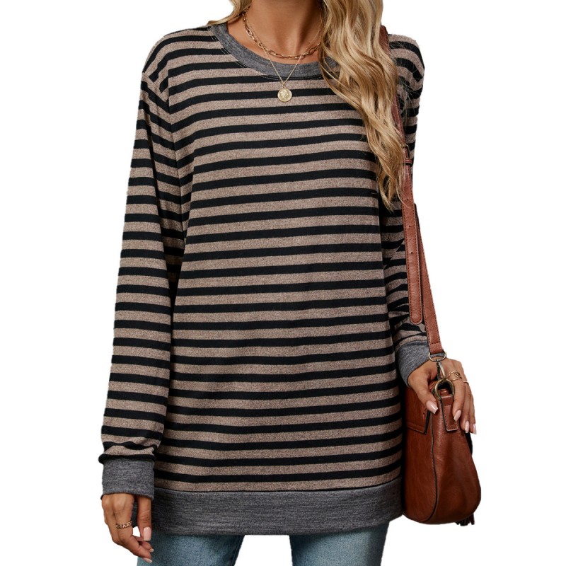 Women Fashion Casual Stripe Round Neck Long Sleeve T-Shirt