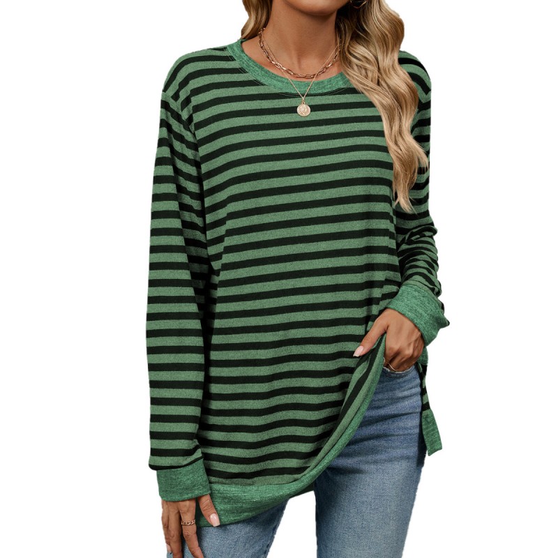 Women Fashion Casual Stripe Round Neck Long Sleeve T-Shirt