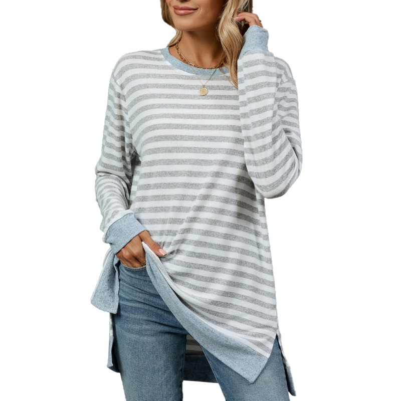 Women Fashion Casual Stripe Round Neck Long Sleeve T-Shirt