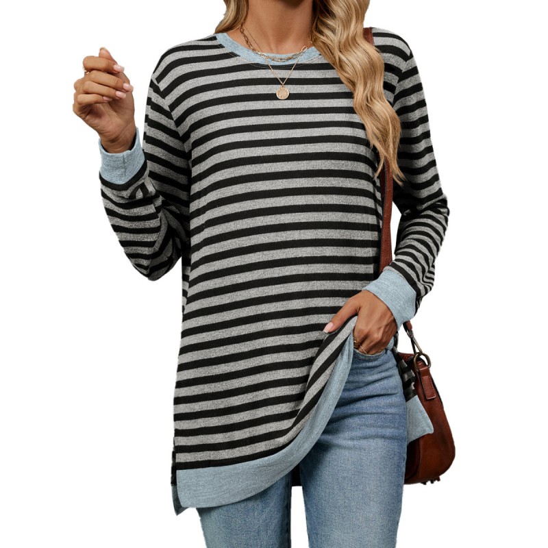 Women Fashion Casual Stripe Round Neck Long Sleeve T-Shirt