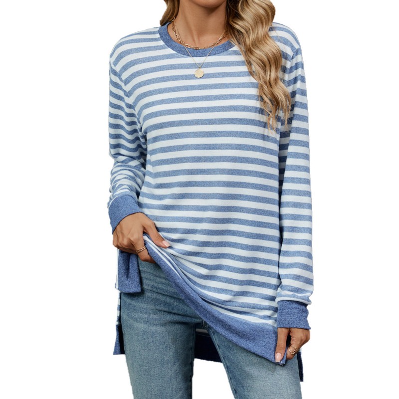 Women Fashion Casual Stripe Round Neck Long Sleeve T-Shirt