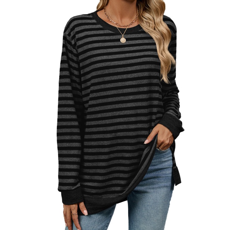 Women Fashion Casual Stripe Round Neck Long Sleeve T-Shirt