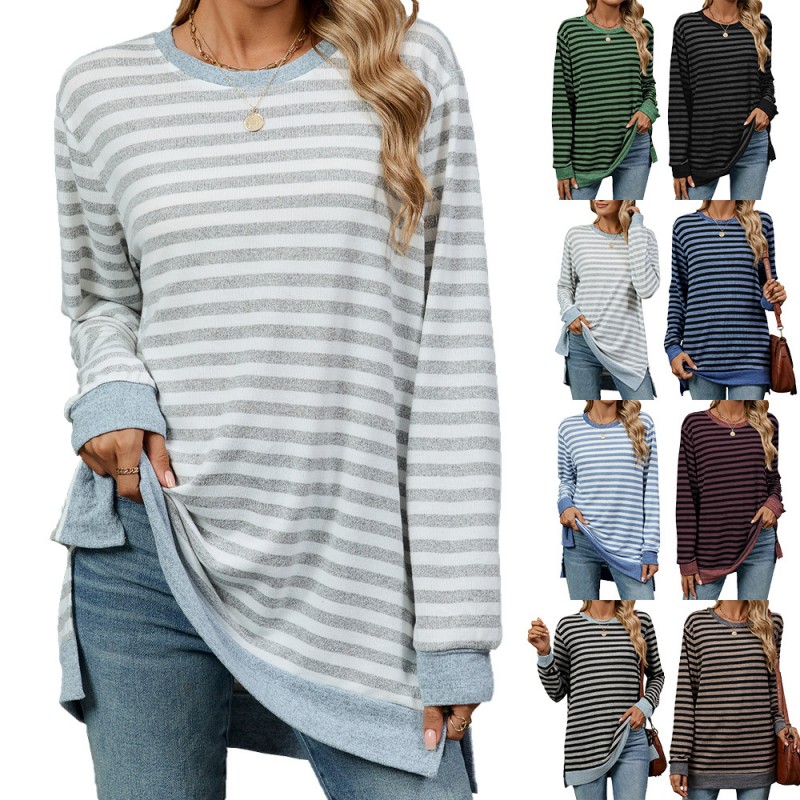 Women Fashion Casual Stripe Round Neck Long Sleeve T-Shirt