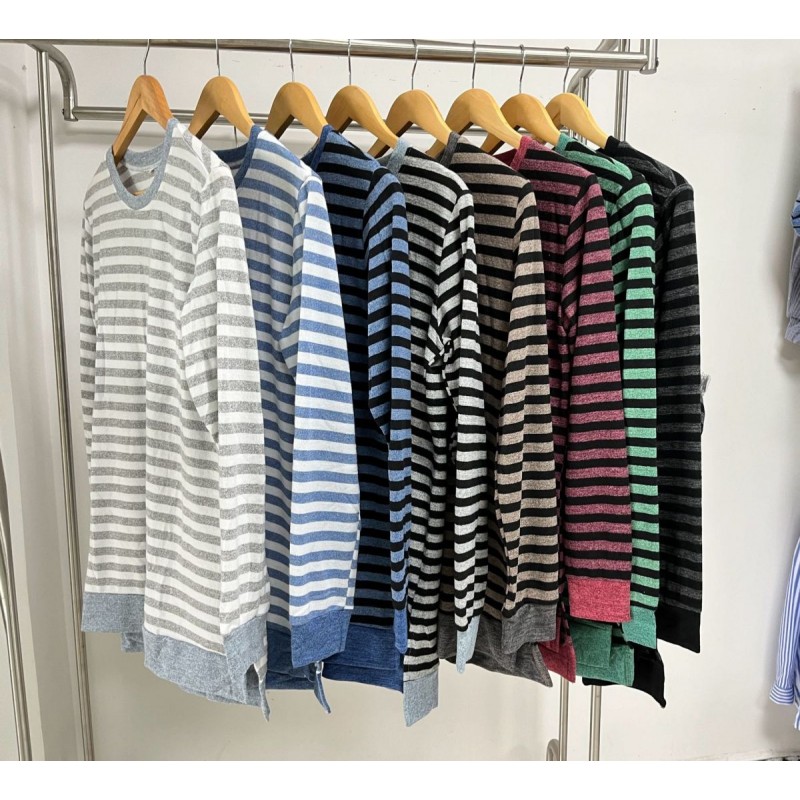 Women Fashion Casual Stripe Round Neck Long Sleeve T-Shirt