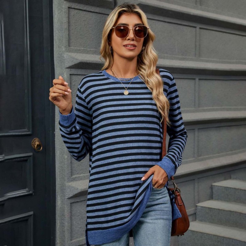 Women Fashion Casual Stripe Round Neck Long Sleeve...