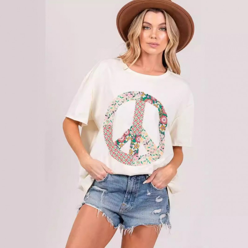 Women Fashion Creative Wreath Printed Round Neck Short Sleeve T-Shirt