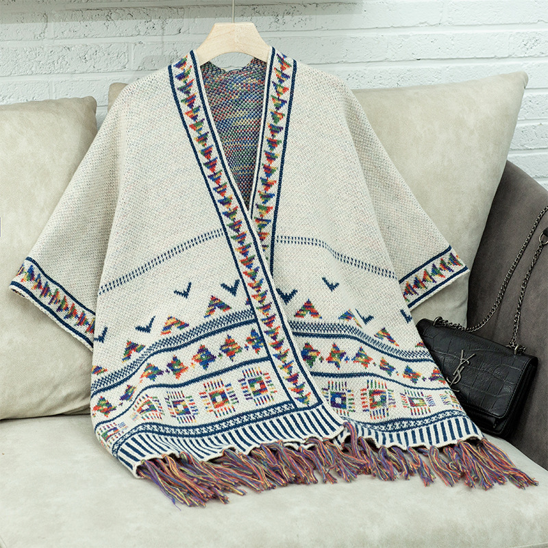 Western Autumn Winter Women Fashion Casual Geometric Jacquard Tassel Cape Coat