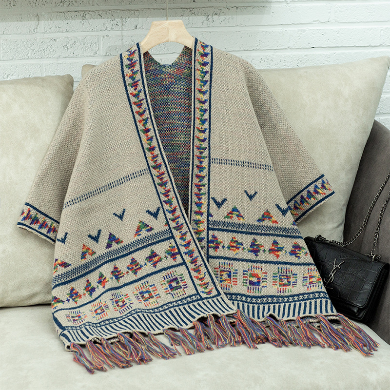 Western Autumn Winter Women Fashion Casual Geometric Jacquard Tassel Cape Coat