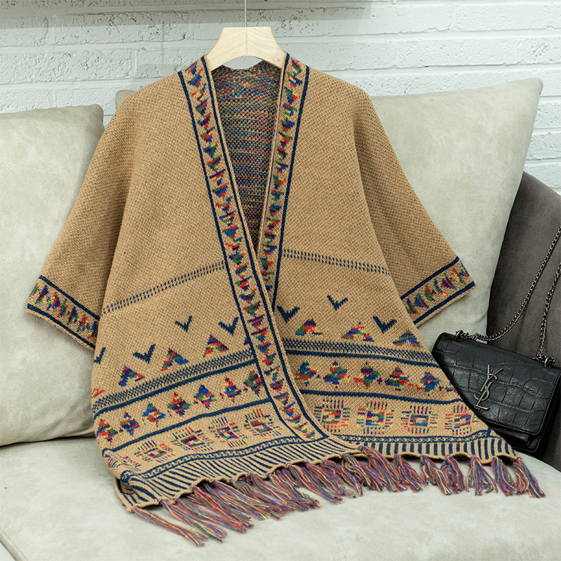 Western Autumn Winter Women Fashion Casual Geometric Jacquard Tassel Cape Coat