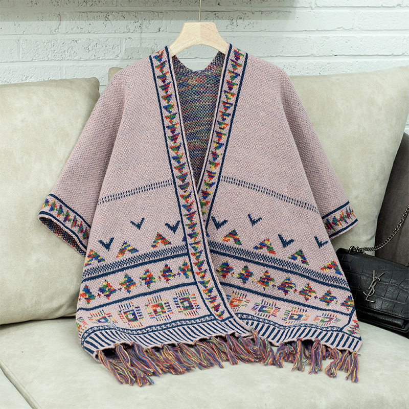 Western Autumn Winter Women Fashion Casual Geometric Jacquard Tassel Cape Coat