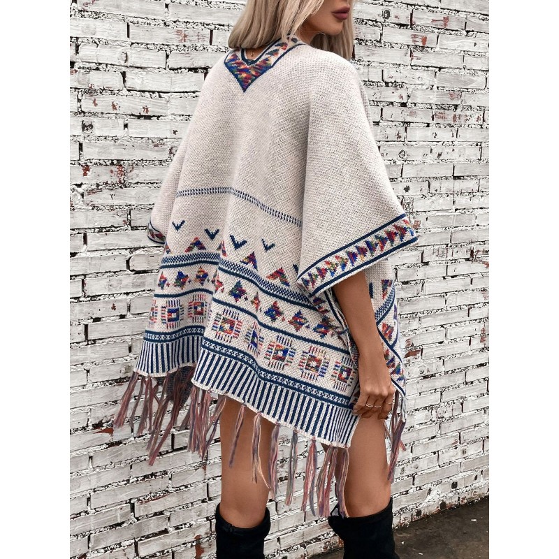 Western Autumn Winter Women Fashion Casual Geometric Jacquard Tassel Cape Coat